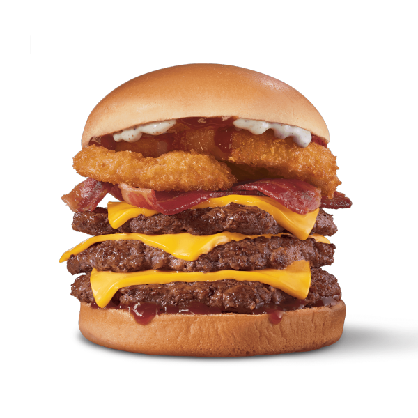 Three DQ Burger patties, bacon, chedder cheese, onion rings, and A1 sauce
